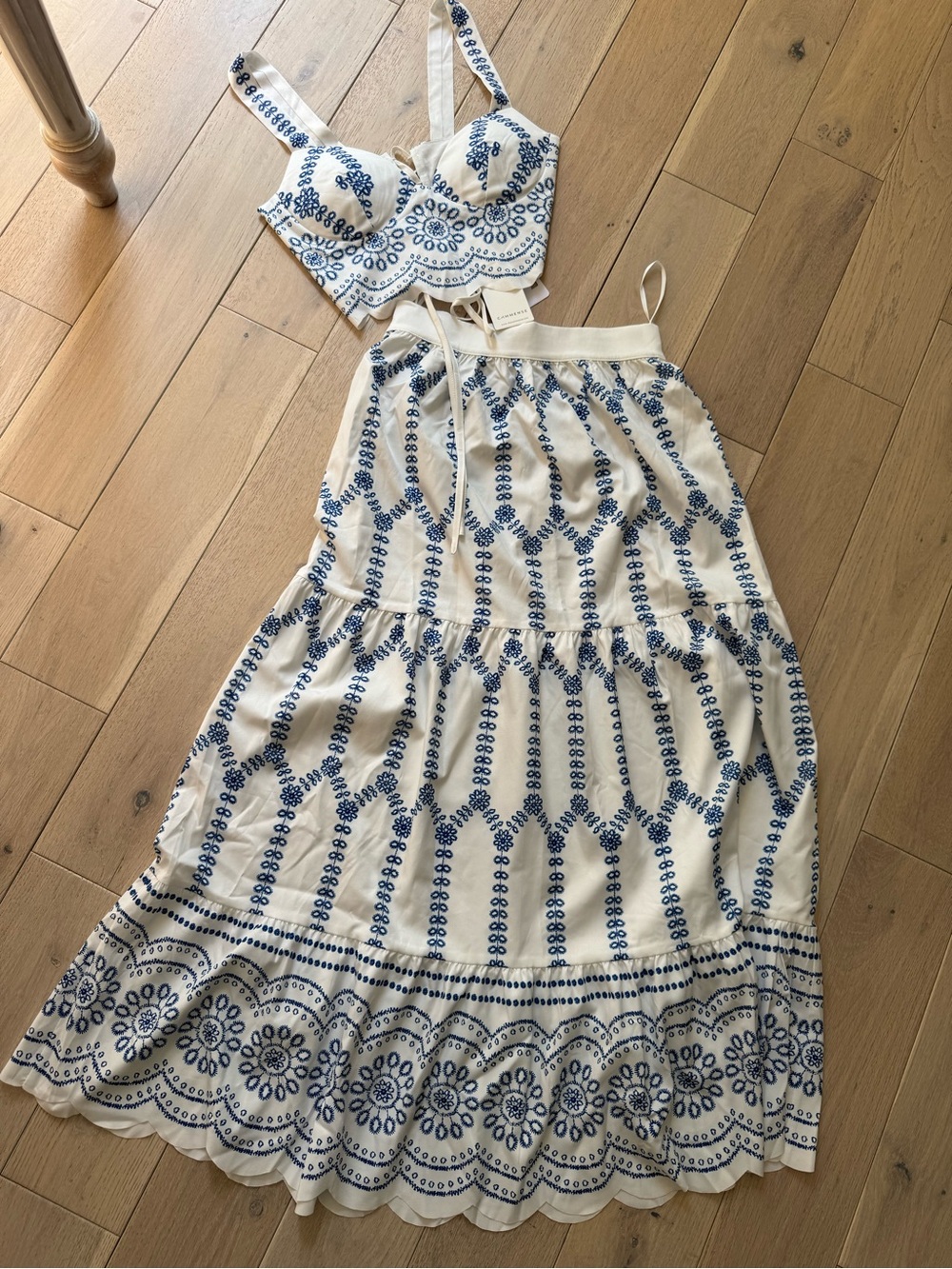 Commense White Maxi Skirt with Blue Embroidered Pattern